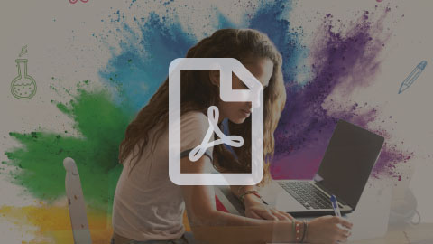 Pictogramme de fichier PDF avec à l’arrière-plan une adolescente faisant des devoirs avec un ordinateur portable.