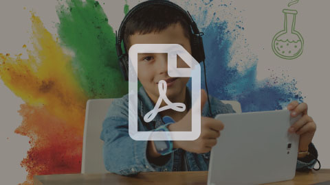 Pictogramme de fichier PDF avec à l’arrière-plan un jeune garçon portant un casque d’écoute en ayant une tablette électronique dans les mains.